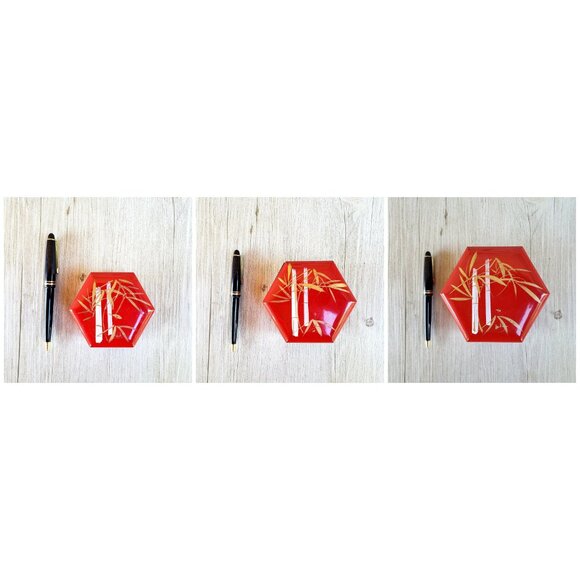 Interpur Trinket Boxes w Hand-Painted Bamboo Red Hexagonal Nesting Set of 3 - Picture 2 of 10